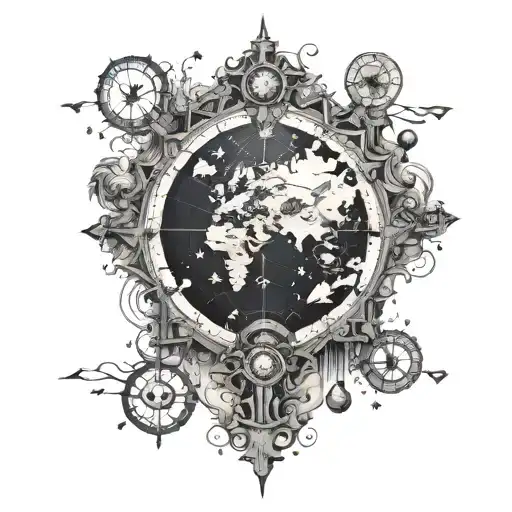 A fantasy world map with portals to different gaming realms tattoo design idea