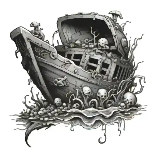 An underwater scene with a sunken ship and treasure chest, incorporating elements from lit rpg novels and video games tattoo design idea