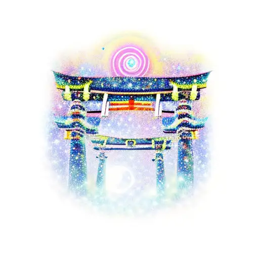 torii gate in a field with a colourful starry night sky tattoo design idea