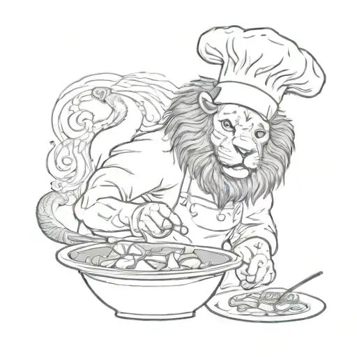A lion wearing a chef's hat cooking on a beach in Jamaica tattoo design idea