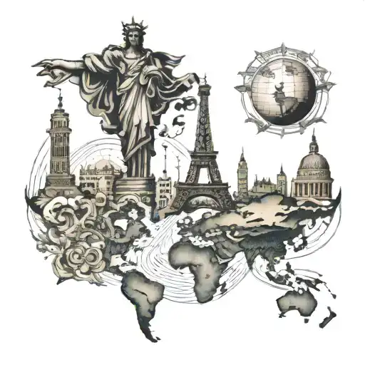 half sleeve world travel tattoo. include world map, beach, Eiffel Tower, colosseum, and Statue of Liberty.  tattoo design idea