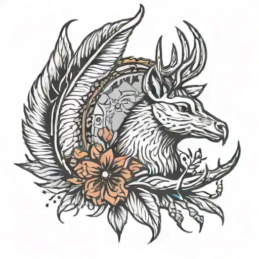 turkey feather and deer antlers tattoo design idea