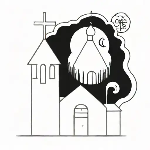 brutal gloomy orthodox church with a an inscription below "прокляты и убиты" tattoo design idea