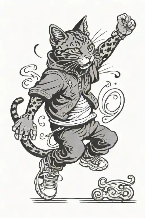 Dancing cat 90s hip hop tattoo design idea