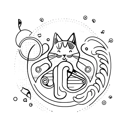 A minimalist tattoo of a cat playing a musical instrument in front of a peaceful universe tattoo design idea