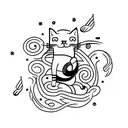 A minimalist tattoo of a cat playing a musical instrument in front of a peaceful universe tattoo design idea
