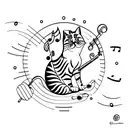 A minimalist tattoo of a cat playing a musical instrument in front of a peaceful universe tattoo design idea