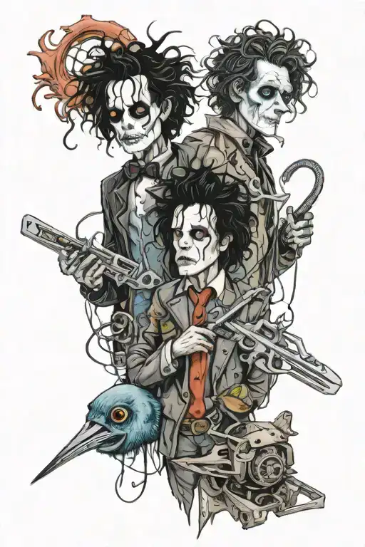 Edward scissorhands with Tim Burton inspired characters as a backsrop tattoo design idea