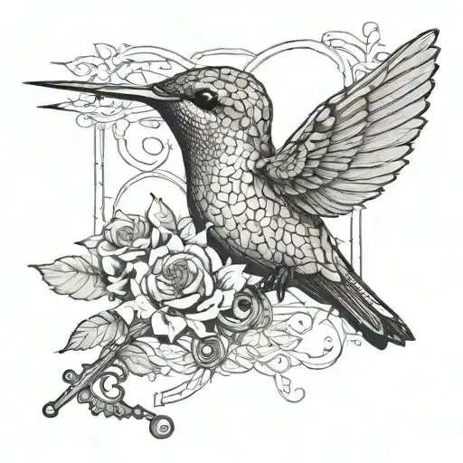 hummingbird and Old key tattoo design idea