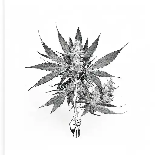 A spiritual woman holding a bouquet of cannabis flowers, illustrating the connection between mind and body tattoo design idea