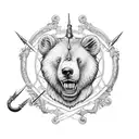 urso de corpo inteiro sentado em um trono, usando uma coroa e com a espada excalibur apoiada do lado tattoo design idea