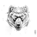 urso de corpo inteiro sentado em um trono, usando uma coroa e com a espada excalibur apoiada do lado tattoo design idea
