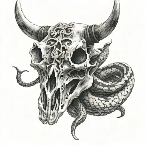bull skull with the snake wrapped tattoo design idea