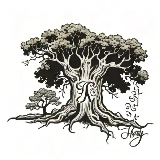 family tree with name in bark form in trunk tattoo design idea