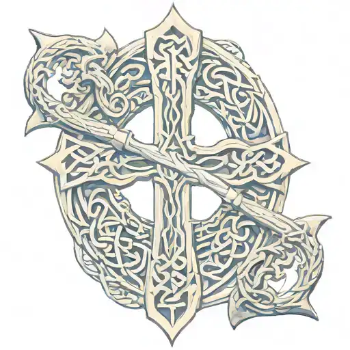 Celtic cross sword, intertwined dragons around pommel tattoo design idea