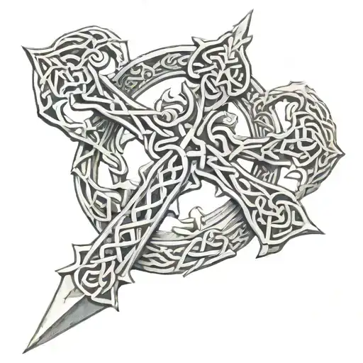 Celtic cross sword, intertwined dragons intertwined tattoo design idea