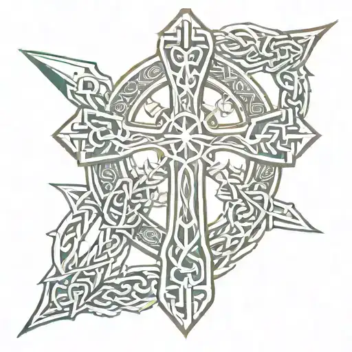 Celtic cross sword, intertwined dragons dice tattoo design idea