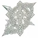 Celtic cross sword, intertwined dragons dice tattoo design idea