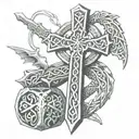 Celtic cross sword, intertwined dragons dice tattoo design idea