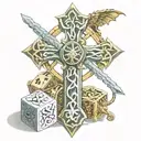 Celtic cross sword, intertwined dragons dice tattoo design idea