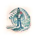 man standing in front of tsunami with cracks coming out of the ground tattoo design idea