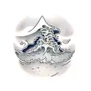 man standing in front of tsunami with cracks coming out of the ground tattoo design idea