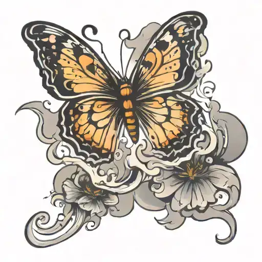 butterfly flying in smoke swirling tattoo design idea