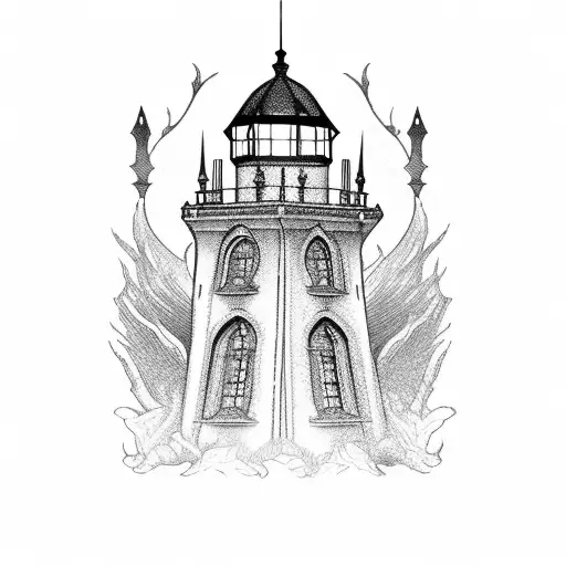 gothic victorian lighthouse with frame tattoo design idea