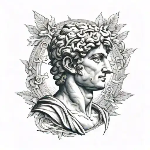 Complex tattoo David(michelangelo) in the center, traces of Greek mythology, feel of Istanbul, music and blue eyes tattoo design idea