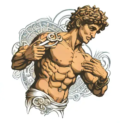 Complex tattoo David(michelangelo) in the center, traces of Greek mythology, feel of Istanbul, music and blue eyes tattoo design idea
