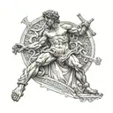 Complex tattoo David(michelangelo) in the center, traces of Greek mythology, feel of Istanbul, music and blue eyes tattoo design idea