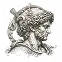 Complex tattoo David(michelangelo) in the center, traces of Greek mythology, feel of Istanbul, music and blue eyes tattoo design idea