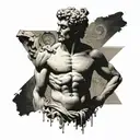 Complex tattoo David(michelangelo) in the center, traces of Greek mythology, feel of Istanbul, music and blue eyes tattoo design idea