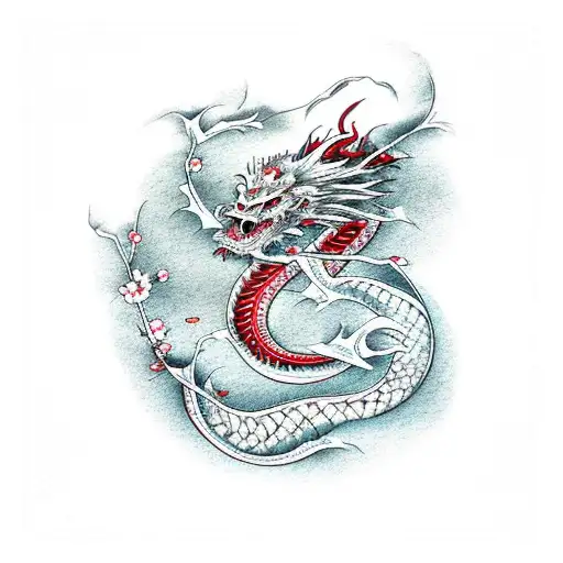 Japanese dragon with red cherry blossoms  tattoo design idea
