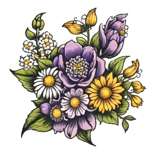 a tattoo with a bouquet of violet flowers and daisies and the first name Nélia tattoo design idea
