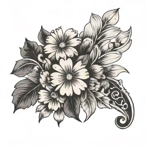 a tattoo with violets and daisies and the name Nélia in black and white  tattoo design idea