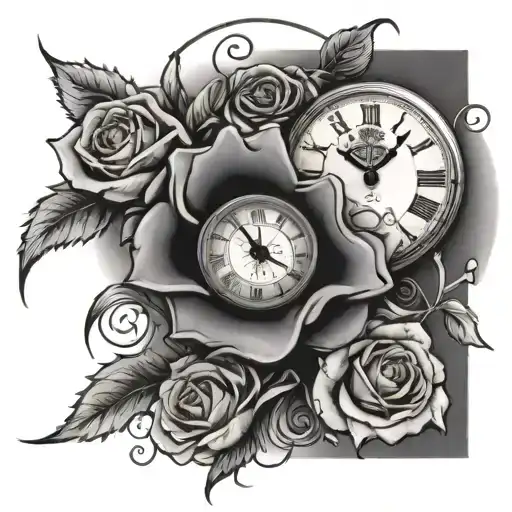 clock surrounded roses and ribbons with ricky dean mortensen 1960-2019 tattoo design idea