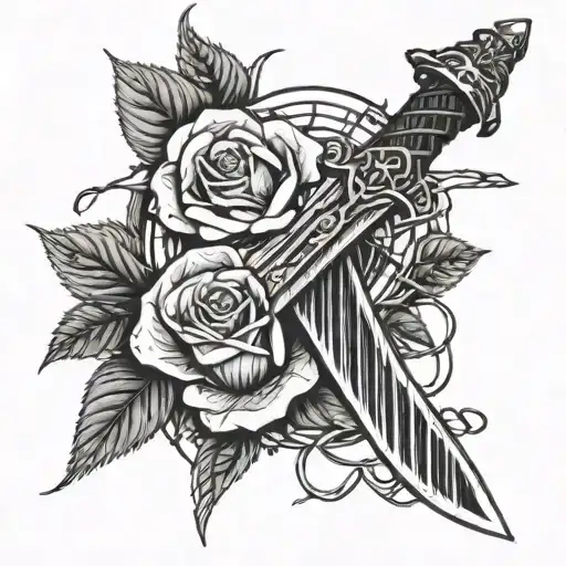 sword surrounded by barbed wire and 3 roses tattoo design idea