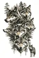 three faces of wolves in pine forest tattoo design idea