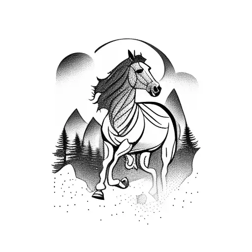 a running horse with mountains and trees behind it  tattoo design idea