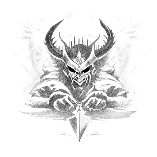 Illustrate a demon being defeated by a warrior wielding dual blades in front of a castle tattoo design idea