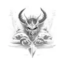 Illustrate a demon being defeated by a warrior wielding dual blades in front of a castle tattoo design idea