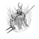 Illustrate a demon being defeated by a warrior wielding dual blades in front of a castle tattoo design idea