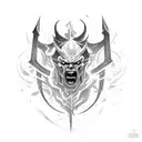 Illustrate a demon being defeated by a warrior wielding dual blades in front of a castle tattoo design idea