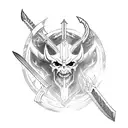 Illustrate a demon being defeated by a warrior wielding dual blades in front of a castle tattoo design idea