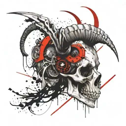 Ram skull with horns and raven flying tattoo design idea
