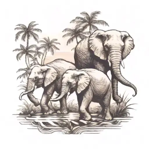 A family of elephants walking through a serene jungle setting, with the client's son riding on the back of one of the elephants tattoo design idea