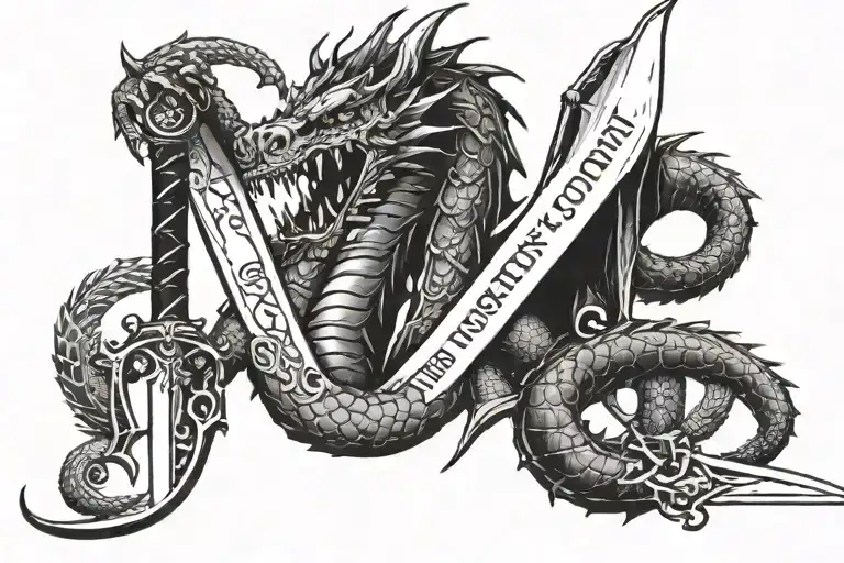 dragon in a 8, with a sword in between the length of it. with the text memento mori on the blade tattoo design idea