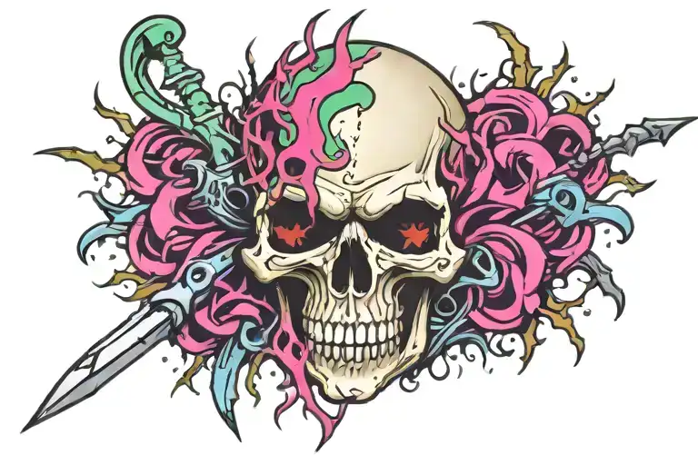 skull with trident through center wrapped with thorns  tattoo design idea