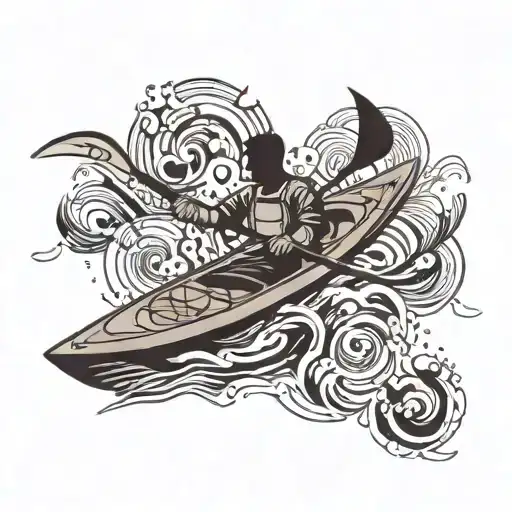 A kayak silhouette surrounded by sound waves and symbols of personal growth tattoo design idea